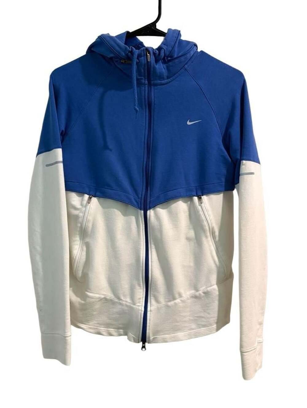 Nike Dri-Fit women Running Jacket Size M Blue White Colorblock Full Zip Hoodie
